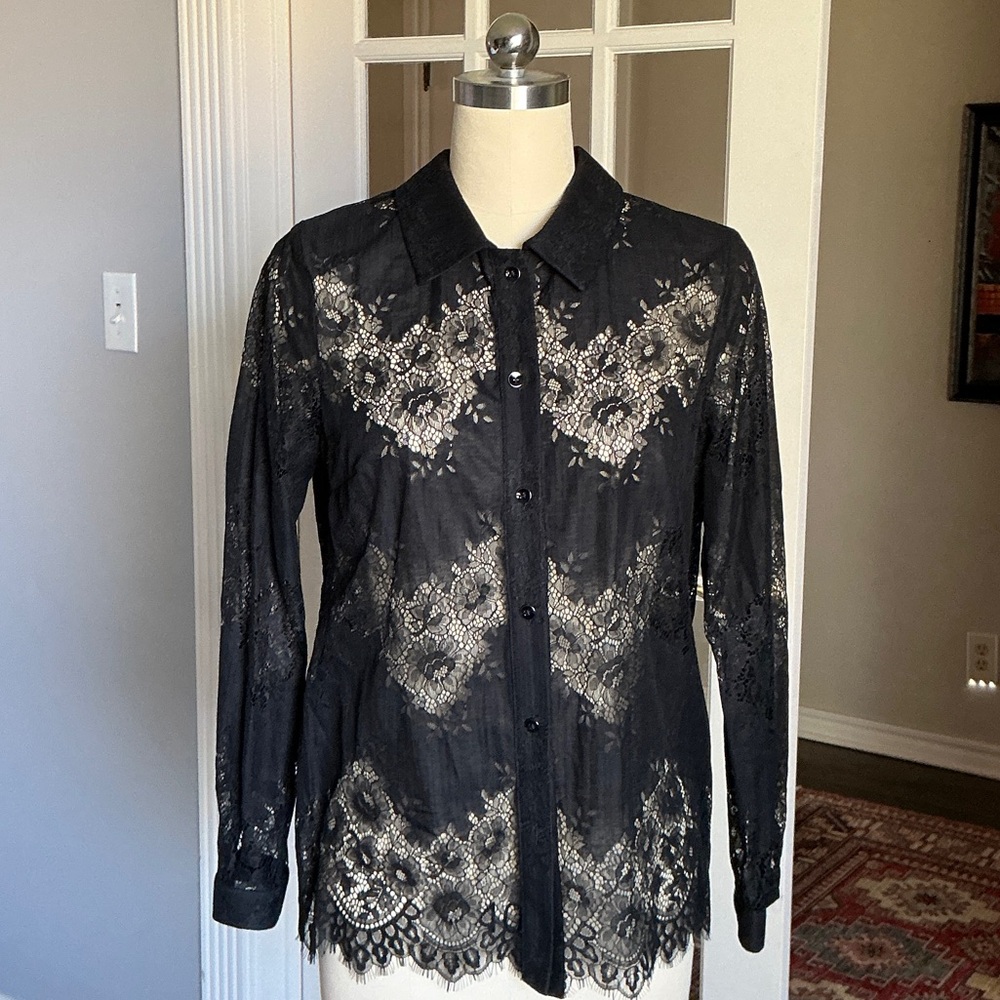 CAbi Black Lace Button-Front Top